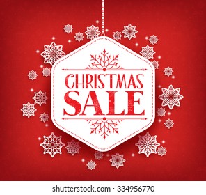 Merry Christmas Sale in Winter Snow Flakes Hanging with White Space for Text. Vector Illustration
