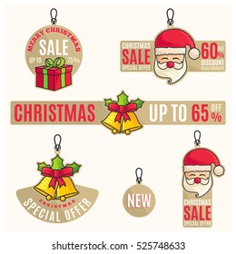 Merry Christmas Sales Tag Set Vintage Style Santa Claus And Bell Vector Illustration With Special Offer And Discount Banner, Best For Site, Web, Ads And Promotion