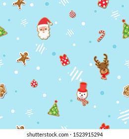 Merry Christmas with santa calus, reindeer, snowman and ornaments on blue background design to seamless pattern
