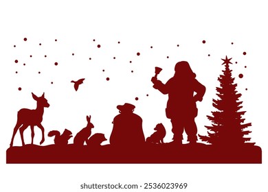 Merry Christmas. Santa Claus and animals silhouettes on white background. Vector illustration.