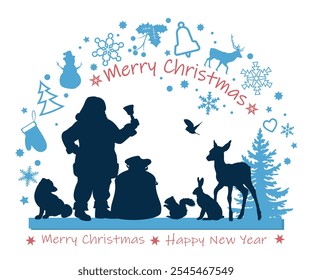 Merry Christmas. Santa Claus and animals silhouettes with christmas icons on white background. Vector illustration.	
