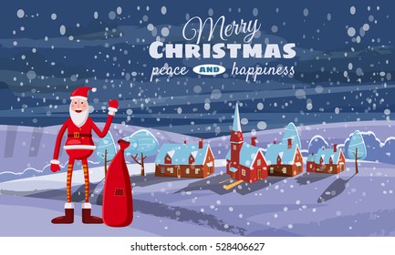 Merry Christmas, Santa Claus  with a bag of gifts, waving, winter countryside, a village in the snow, hills, clouds, snow-covered trees, hills, cartoon style, vector illustration