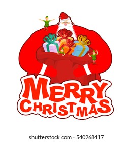 Merry Christmas. Santa Claus and bag and elf helper. New Year big red sack with gifts. Xmas template. 
