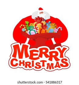 Merry Christmas. Santa Claus and bag and elf helper. New Year big red sack with gifts. Xmas template. 

