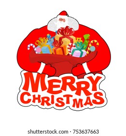 Merry Christmas. Santa Claus and bag and elf helper. New Year big red sack with gifts. Xmas template. 
