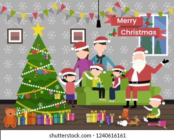 Merry Christmas with santa claus and big family (father, mother, kid). Lovely family