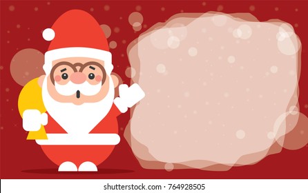Merry Christmas! Santa Claus with big blank signboard. Snows background