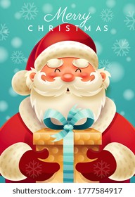 Merry Christmas Santa Claus Card Design With A Cheerful Father Christmas Holding A Golden Gift With Bow And Snowflakes Falling, Colored Vector Illustration