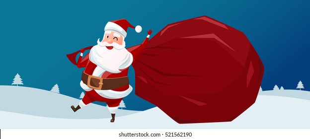 Merry Christmas. Santa Claus carries a bag of gifts in Christmas snow scene. Christmas and Happy New Year. Cartoon Vector Illustration