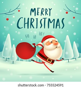 Merry Christmas! Santa Claus carrying sack with full of gifts in Christmas snow scene. Winter landscape. Merry Christmas! Santa Claus carrying sack with full of gifts in Christmas snow scene. Winter landscape.