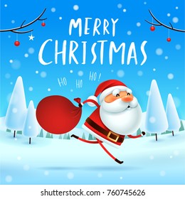 Merry Christmas! Santa Claus carrying sack with full of gifts in Christmas snow scene. Winter landscape.