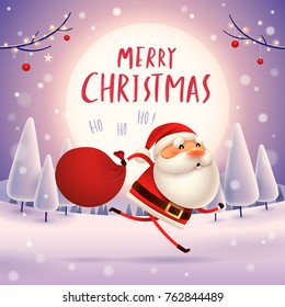 Merry Christmas! Santa Claus carrying sack with full of gifts in Christmas snow scene. Winter landscape.