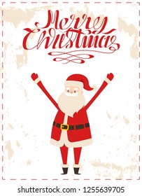 Merry Christmas Santa Claus cartoon character sticker on grunge backdrop. Father frost greeting everyone with hands up, congratulations and warm wishes vector