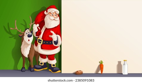 Merry Christmas Santa Claus Cartoon Character with big red Sack of gifts and his friend reindeer animal hiding in the corner by wall looking at cookies. Vector illustration.