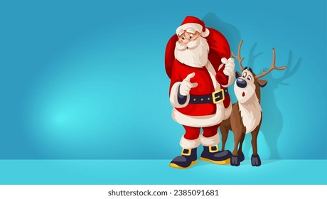 Merry Christmas Santa Claus Cartoon Character with big red Sack of gifts and his friend reindeer animal. On blue background for christmas holiday. Vector illustration.