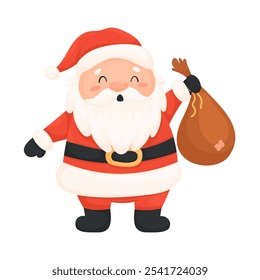 Personaje de dibujos animados de Papá Noel de las Navidades felices con el bolso de los regalos, aislado en el fondo blanco. Personaje de dibujos animados aislado de Santa Claus. Ilustración vectorial de lindo Santa en estilo plano.