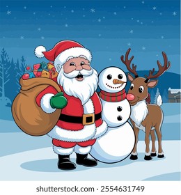 Merry Christmas Santa Claus Cartoon Character with big red Sack of gifts and his friends reindeers animal. Isolated santa cartoon character for christmas. Vector illustration.