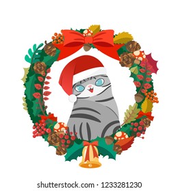 Merry Christmas, Santa claus cat xmas hat costume in christmas wreath.Vector cartoon illustration.