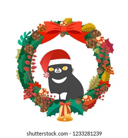 Merry Christmas, Santa claus cat xmas hat costume in christmas wreath.Vector cartoon illustration.