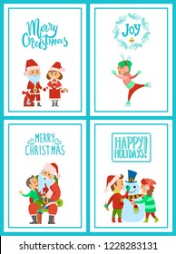 Merry Christmas Santa Claus character with helper, holidays celebration vector. Children building snowman and skating on rink. Boy making wish dream