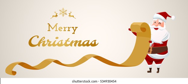 Merry Christmas. Santa Claus checking list old Paper.  Christmas banner Cartoon Vector Illustration.