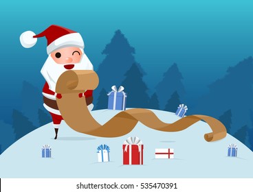 Merry Christmas. Santa Claus checking list old Paper.  Christmas banner Cartoon Vector Illustration.