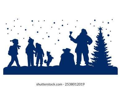 Merry Christmas. Santa Claus and children silhouettes on white background. Vector illustration.