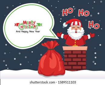 Merry Christmas Santa Claus in the chimney. Celebration event for Merry Christmas and New Year. Vector clipart illustration