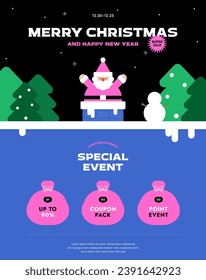 Merry Christmas. Santa Claus in the chimney. Horizontal web banner. Shopping mall event template. Gift sack, Copy space, Stylish vivid color, Xmas colorful background. Trendy vector flat illustration.