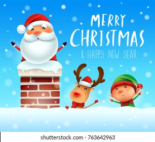 Merry Christmas! Santa Claus in the chimney. Santa Claus, Reindeer and Elf in snow scene. Winter landscape.
