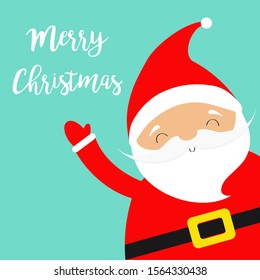 Merry Christmas. Santa Claus in the corner waving hand. Costume, red hat, golden belt, beard. Cute cartoon kawaii funny baby character smiling face. New Year. Greeting card. Blue background. Vector
