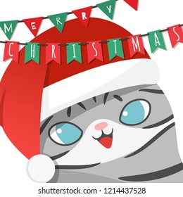 Merry Christmas with Santa Claus costume cat and christmas party flags. Vector illustration.