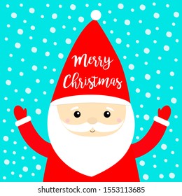 Merry Christmas. Santa Claus costume, red hat, beard. Cute cartoon kawaii funny character holding hands up. Snow flake falling. New Year. Baby collection. Isolated Greeting card Blue background Vector