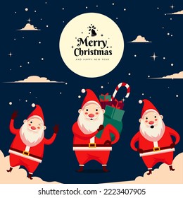 Merry Christmas Santa Claus Cute Cartoon Character with Various pose bring gifts with moonlight and snow drop background