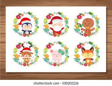 merry christmas santa claus with cute friends in wreath frame