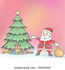 Merry Christmas with Santa Claus and decorations pine tree. Gift boxes and teddy bear in doodle style for Xmas Holiday and Happy New Year.