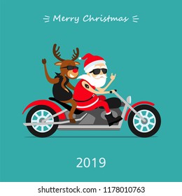 Merry Christmas! Santa Claus and deer Rudolph ride the motorcycle. Greeting Christmas card 2019