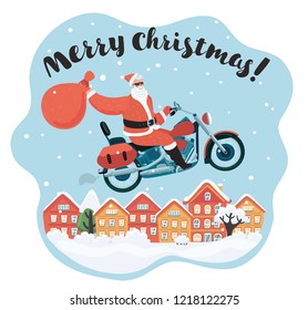 Merry Christmas! Santa Claus and deer ride the motorcycle. Santa biker. Greeting Christmas card over buildings.