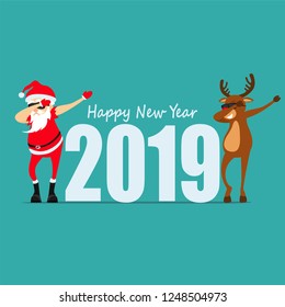 Merry Christmas! Santa Claus and deer Rudolph dancing dab move. Greeting Christmas card 2019