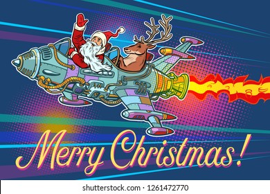Merry Christmas. Santa Claus with a deer flying on a rocket. Pop art retro vector illustration vintage kitsch