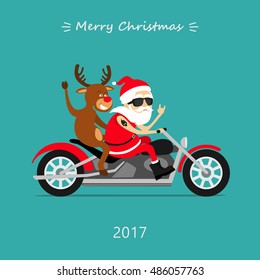 Merry Christmas! Santa Claus and deer ride the motorcycle. Greeting Christmas card 2017