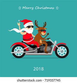 Merry Christmas! Santa Claus and deer Rudolf ride the motorcycle.  Greeting Christmas card 2018