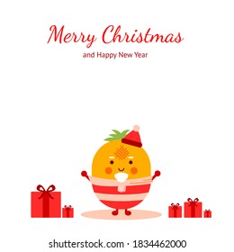 Merry Christmas. Santa claus delivers gifts. Santa claus character. Cute style pineapple character. Happy winter. Illustration vector.