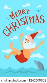 Merry Christmas, Santa Claus diving in red hat, New year character on holidays vector at skyline. Water splashes and dolphin swimming and jumping in water