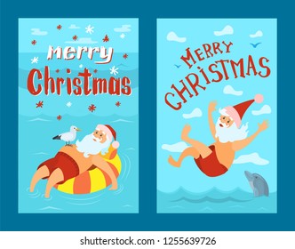 Merry Christmas, Santa Claus diving in red hat, New year character on summertime holidays swimming in life buoy, water splashes and dolphin jumping in water, vector