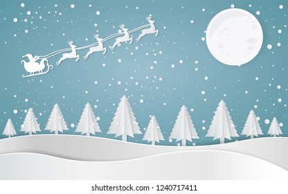 Merry christmas, Santa Claus Driving in a Sledge,Snow forest. pines in winter and mountain Paper vector Illustration