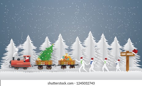 Merry Christmas with Santa Claus driving Vintage Transportation Train carry Christmas tree and gift box and Children are running after in winter season ,paper craft Vector and illustration style.