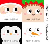 Merry Christmas. Santa Claus Elf Snowman Penguin bird square face head icon set. New Year. Cute cartoon funny spooky baby character. Greeting card. Flat design Winter background. Vector illustration