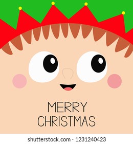 Merry Christmas Santa Claus Elf square head face icon. Big eyes, nose, cheeks, green red hat. Happy New Year. Cute cartoon kawaii funny character. Winter background. Greeting card. Vector illustration