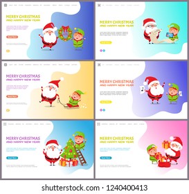 Merry Christmas Santa Claus and elf winter holiday vector. Characters with mistletoe wreath and tree decoration, list with children who get presents
